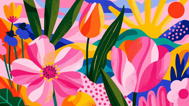 bright floral illustration with colorful flowers and leaves