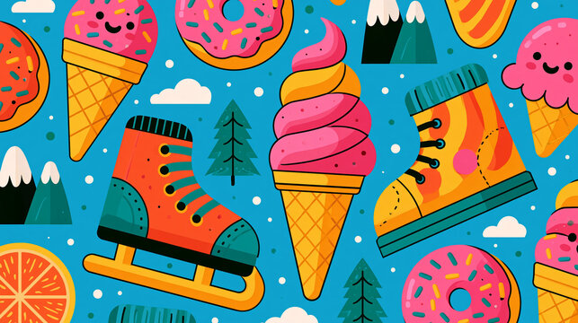 playful winter pattern with ice skates and sweet treats