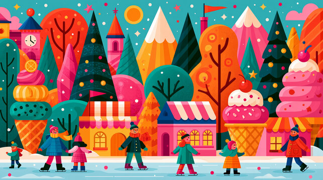 colorful winter village with skaters and oversized sweet treats