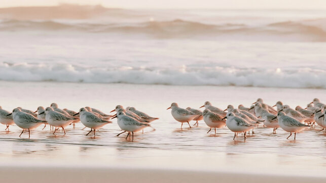 small shorebirds gathering on a beach beside gentle waves