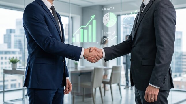Two businessmen shaking hands in modern office with transparent holographic display showing growth charts and partnership metrics symbolizing successful collaboration and