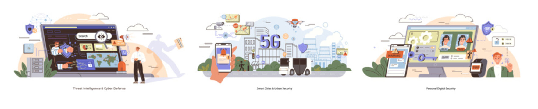 Security threat intelligence, cyber defense smart city, urban security personal digital security. 5G network, data sharing, technology innovation, virtual collaboration. Online security and offline