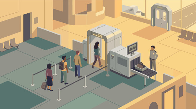 Passengers passing through airport security checkpoint screening