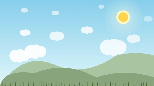 Minimalist flat landscape illustration of green hills and sunny sky