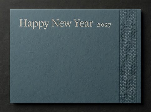 Elegant blue greeting card featuring Happy New Year 2027 text with textured paper background and embossed border pattern