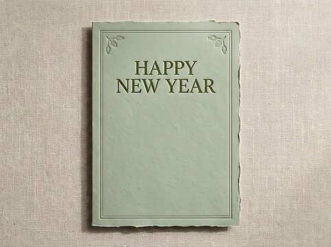 A vintage style green paper card with Happy New Year embossed text sitting on a light linen textured background