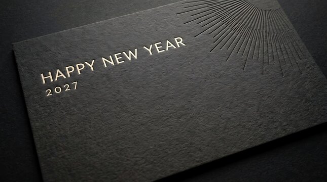 Elegant dark textured paper greeting card featuring happy new year 2027 gold foil embossed typography and sunburst design