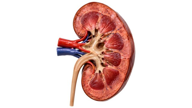 Photorealistic Human Kidney Cross Section Showing Renal Cortex, Medulla and Renal Pelvis on White Background