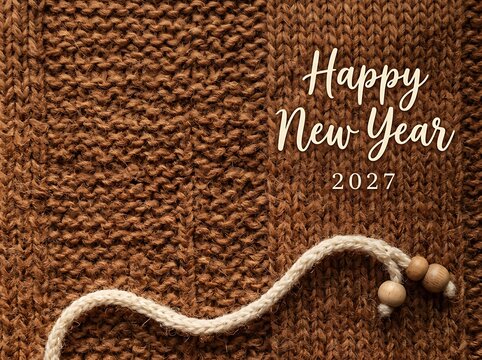 Happy New Year 2027 greeting card on a warm brown knitted fabric background