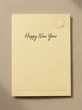 Minimalist cream greeting card with embossed sun icon and happy new year message
