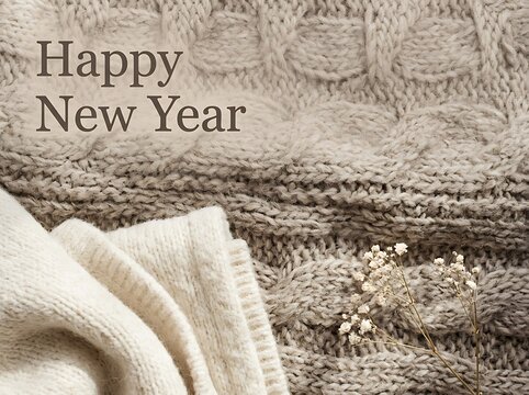 Happy New Year text greeting on a soft beige knitted wool background