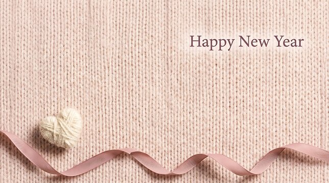 Happy new year text on pink knitted background with heart decoration