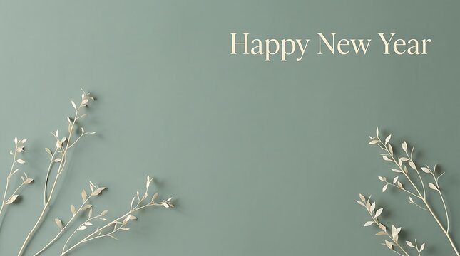 Minimalist Happy New Year greeting card background with delicate silver botanical branches on a muted sage green backdrop