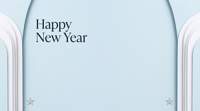 Minimalist light blue background with festive happy new year greeting text and elegant white architectural arch frames