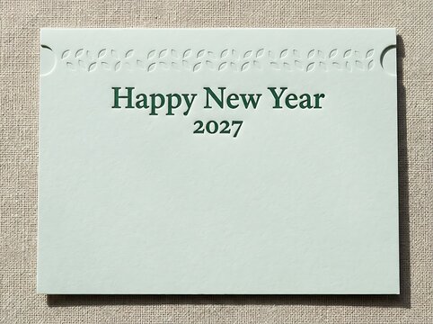 Minimalist light green greeting card with embossed leaf pattern and Happy New Year 2027 text