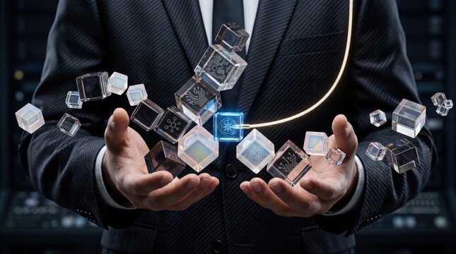 Businessman holding floating transparent glass cubes representing blockchain technology and cryptocurrency data blocks connected by glowing digital circuit lines in dark server