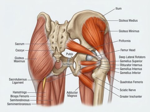 Anatomical diagram of human hip muscles and pelvic bones illustration