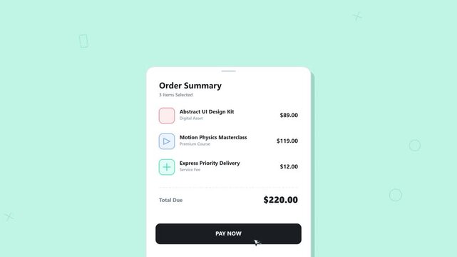 Animated online checkout order summary displaying items and payment button