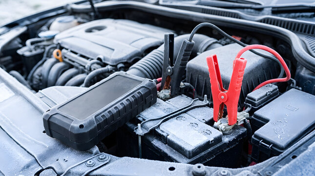 Portable jump starter connected to car battery in cold