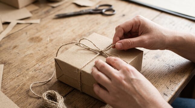 Hands wrapping a brown cardboard gift box with natural twine on a rustic wooden tabletop