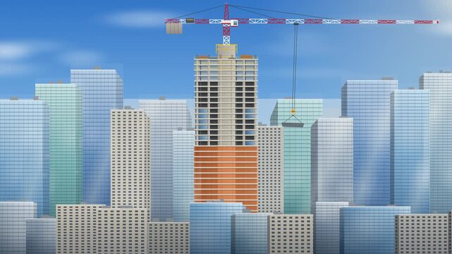 Modern city skyline with a skyscraper under construction and a tower crane