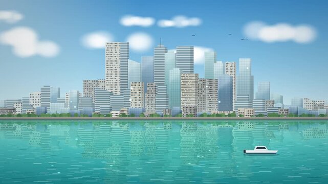 Modern city skyline with skyscrapers and reflection in calm water vector illustration