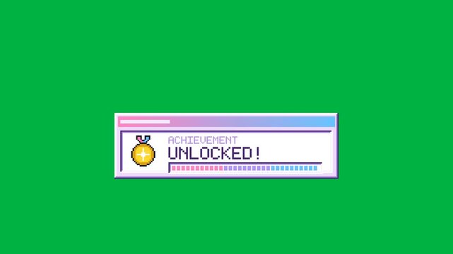 Retro pixel medal pops up with an achievement unlocked message on a keyable green screen