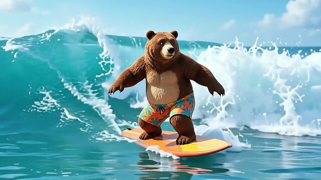 A bear is exercising surfing on the beach 