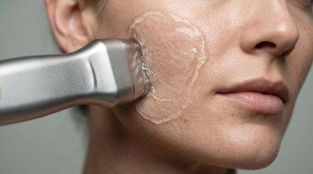 Close up of woman receiving facial treatment with cosmetic ultrasound device and conductive gel