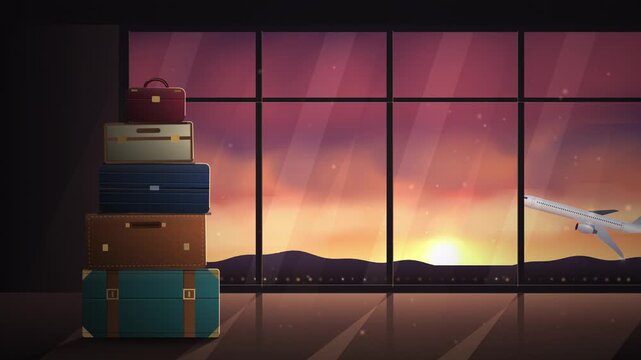 Stacked suitcases by a large window overlooking a sunset sky landscape