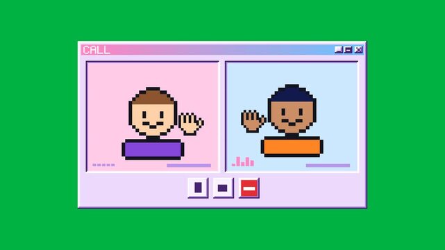 Pixel avatars wave from a retro video call window in a seamless green screen loop