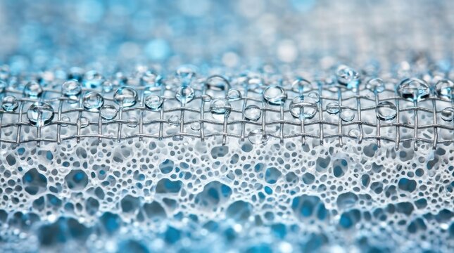 Macro of microfiltration ceramic membrane pores with purified water droplets beading on hydrophilic porous titanium mesh.