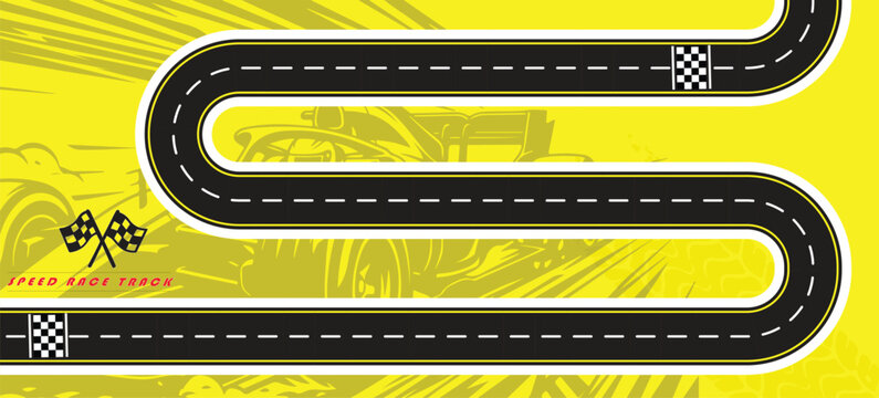 Speed Race Background. Race track in black color with tyre marks and city map on a white background.