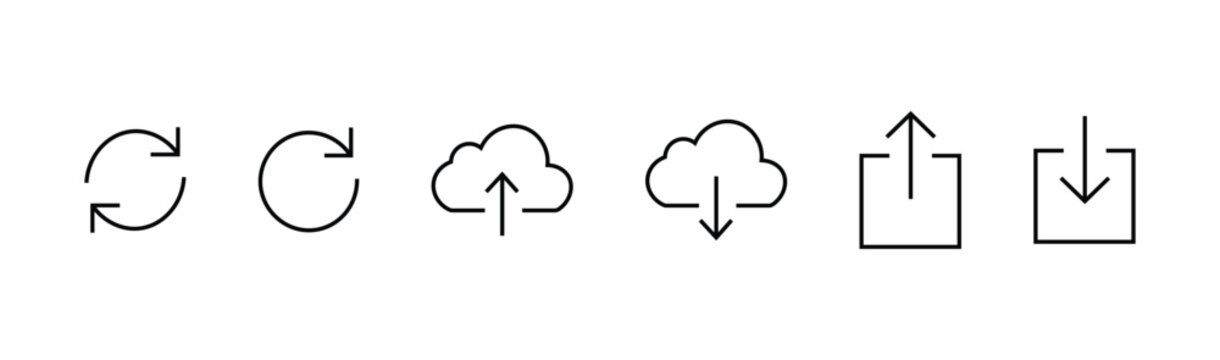 Refresh cloud upload and download outline icons. Cloud sync and transfer vector icon set featuring refresh, cloud upload, cloud download, export, and import in clean line art.
