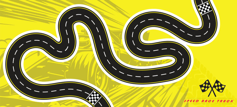 Speed Race Background. Race track in black color with tyre marks and city map on a white background.