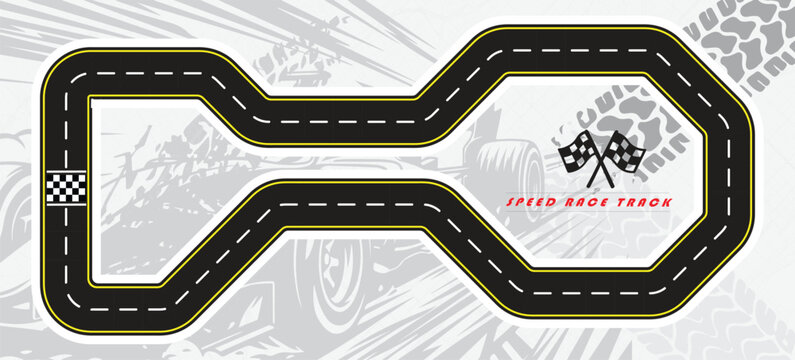Speed Race Background. Race track in black color with tyre marks and city map on a white background.