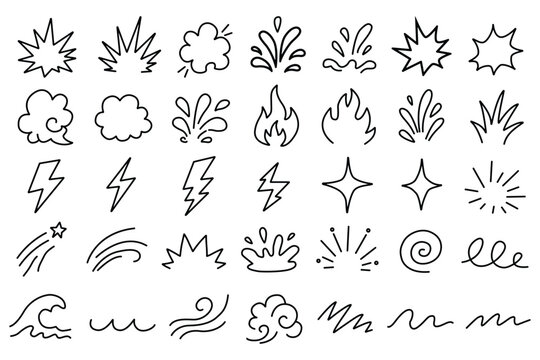 Doodle Effects. Hand Drawn Lightning Flames Waves and Comic Bursts