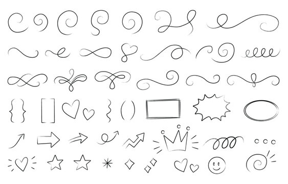 Flourish Doodles. Hand Drawn Swirls Frames Arrows Hearts and Symbols
