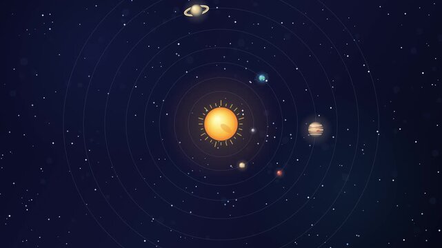 Solar System Animation with Orbiting Planets and Glowing Sun, Flat Vector Space Background