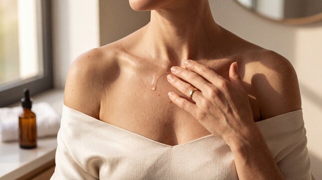 自然光の中でデコルテに美容液をなじませる女性のスキンケア