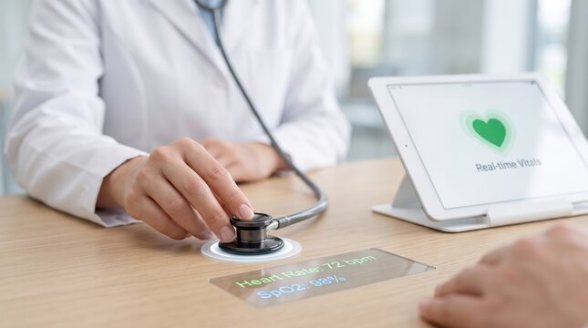 Doctor using stethoscope with holographic vital signs display, heart rate and spo2 readings, medical technology, telemedicine, healthcare innovation, patient monitoring