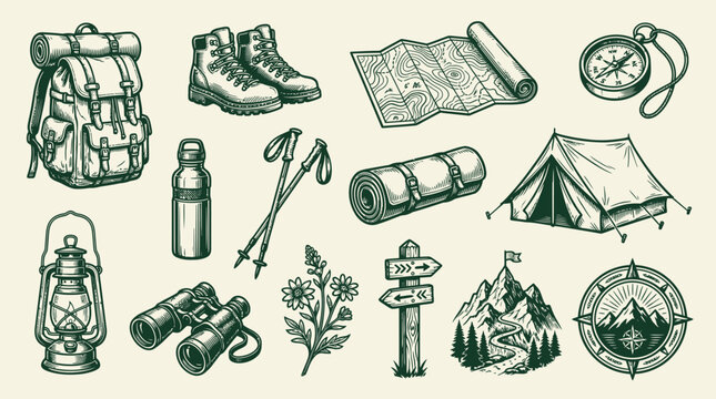 Iconos vintage de camping y senderismo, elementos de aventura al aire libre en grabado, equipo retro de monta&ntilde;a con tienda de campa&ntilde;a, br&uacute;jula y mochila