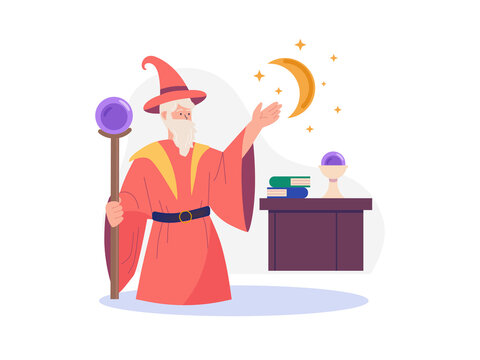 An elderly wizard or magician holding a magic staff with a purple crystal orb. Fantasy illustrations. Flat vector concepts.