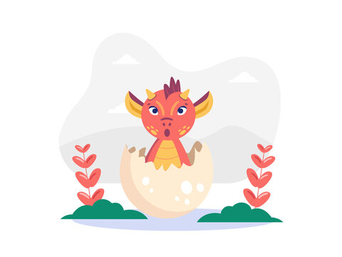A red baby dragon hatching from a cracked white egg in a grassy, plant-filled landscape. Fantasy illustrations. Flat vector concepts.