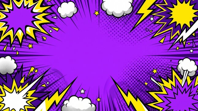 Purple and yellow comic book burst pattern with halftone dots