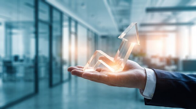 A businessman holding a glowing glass arrow pointing upwards in his open palm against a blurred modern office background, representing financial growth, success, positive trends