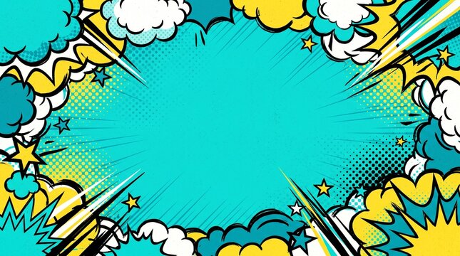 Comic book explosion background features halftone dots and dynamic speed lines