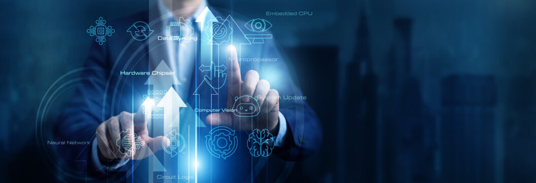 Professor touching icon and word Computer Science on a complex digital network screen reviewing advanced programming languages and system architectures. Academic research and technology.