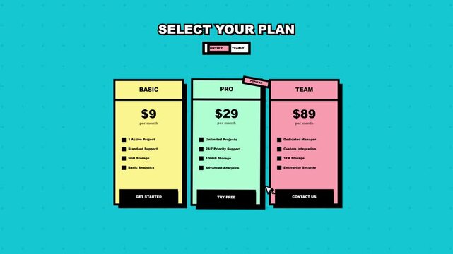 Pricing table interface with mouse cursor selecting subscription plans