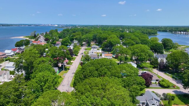 Bullock Point aerial view in summer between Providence River and Bullock Cove at Riverside, city of East Providence, Rhode Island RI, USA. 